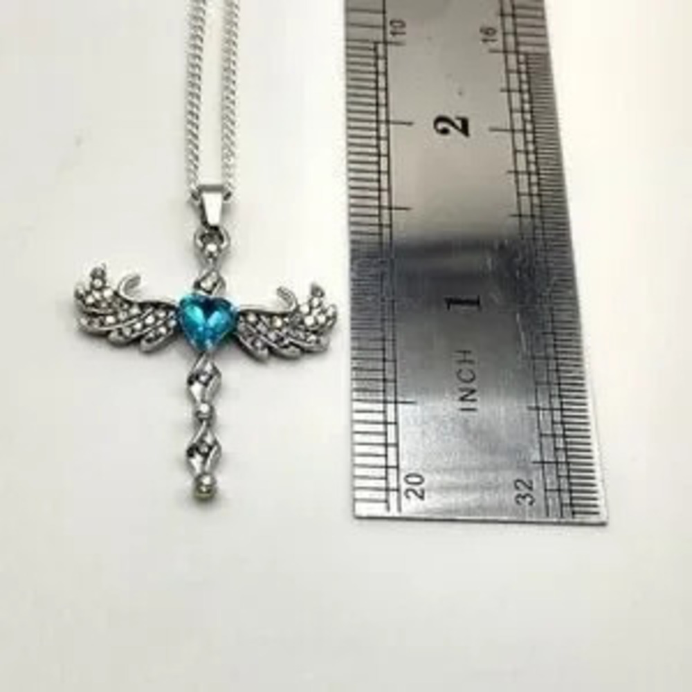 925 Sterling Silver Necklace w/ Cross Angel Wings Blue Gemstone Valentines New